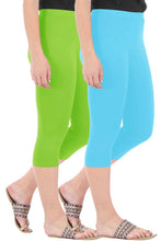Load image into Gallery viewer, Combo Pack of 2 Skinny Fit 3/4 Capris Leggings for Women Merin Green Sky Blue