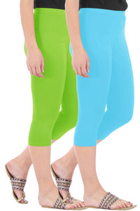 Combo Pack of 2 Skinny Fit 3/4 Capris Leggings for Women Merin Green Sky Blue