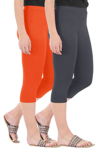 Combo Pack of 2 Skinny Fit 3/4 Capris Leggings for Women Flame Orange Grey