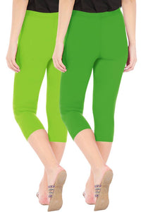 Combo Pack of 2 Skinny Fit 3/4 Capris Leggings for Women Merin Green Parrot Green