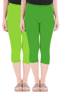 Combo Pack of 2 Skinny Fit 3/4 Capris Leggings for Women Merin Green Parrot Green