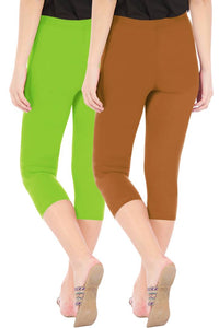 Combo Pack of 2 Skinny Fit 3/4 Capris Leggings for Women Merin Green Khaki