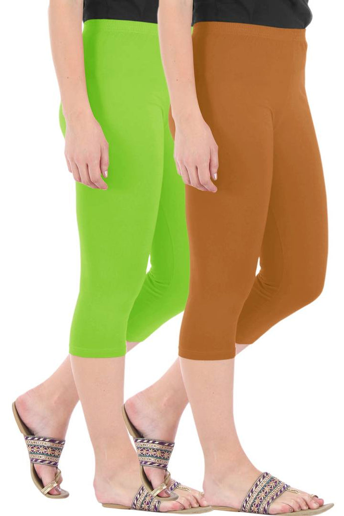 Combo Pack of 2 Skinny Fit 3/4 Capris Leggings for Women Merin Green Khaki