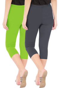 Combo Pack of 2 Skinny Fit 3/4 Capris Leggings for Women Merin Green Grey