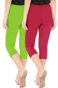 Combo Pack of 2 Skinny Fit 3/4 Capris Leggings for Women Merin Green Tomato Red