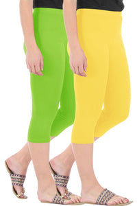 Combo Pack of 2 Skinny Fit 3/4 Capris Leggings for Women Merin Green Lemon Yellow