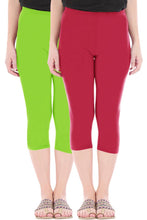 Load image into Gallery viewer, Combo Pack of 2 Skinny Fit 3/4 Capris Leggings for Women Merin Green Tomato Red