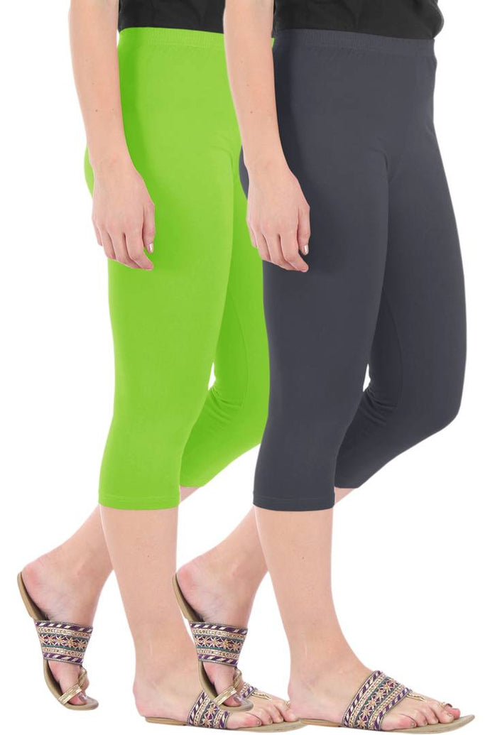 Combo Pack of 2 Skinny Fit 3/4 Capris Leggings for Women Merin Green Grey