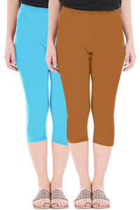 Combo Pack of 2 Skinny Fit 3/4 Capris Leggings for Women Sky Blue Khaki