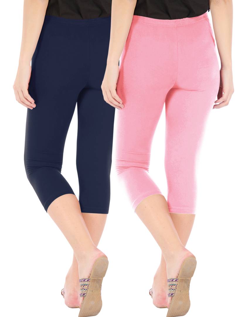 Stunning Cotton Blend Solid Skinny Fit 3/4 Capris Leggings For Women-Pack of 2