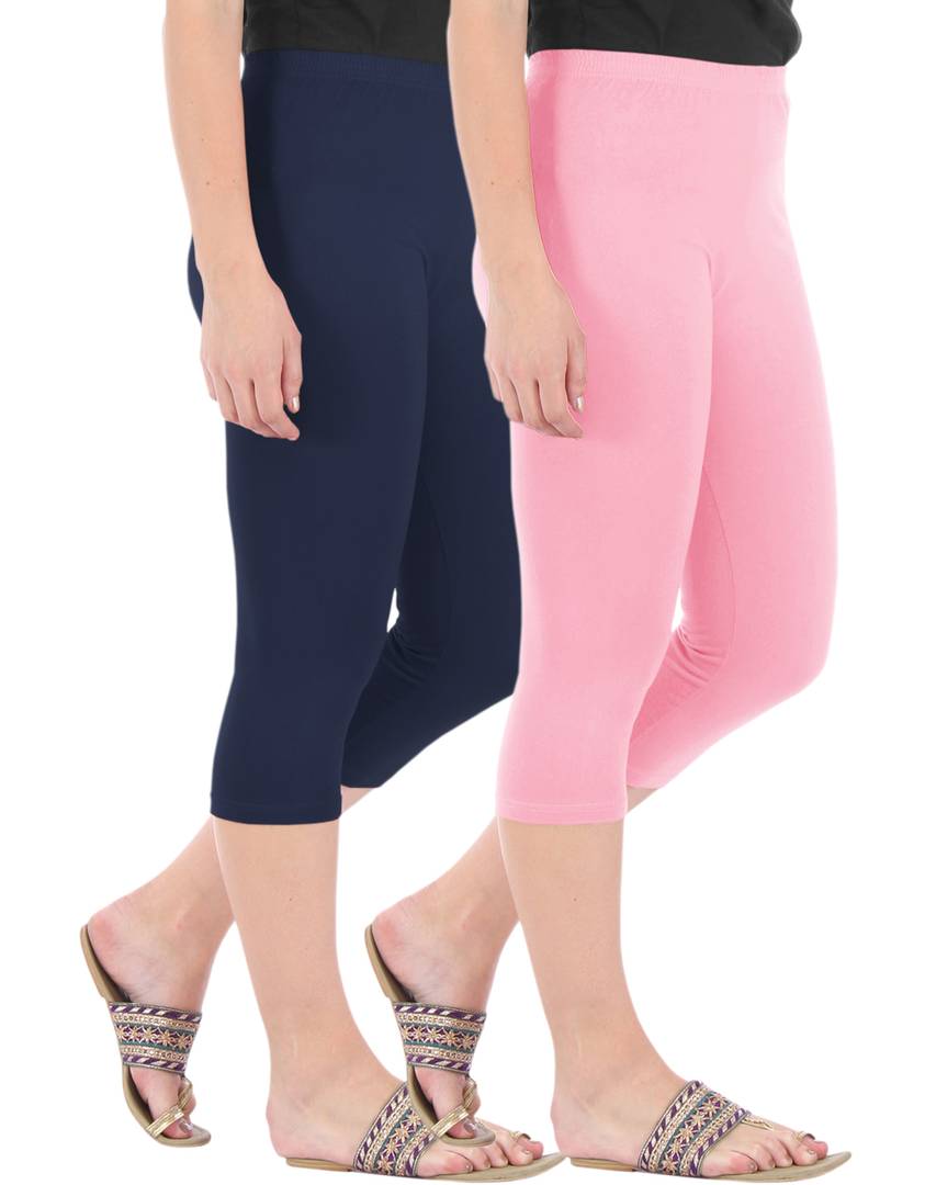 Stunning Cotton Blend Solid Skinny Fit 3/4 Capris Leggings For Women-Pack of 2
