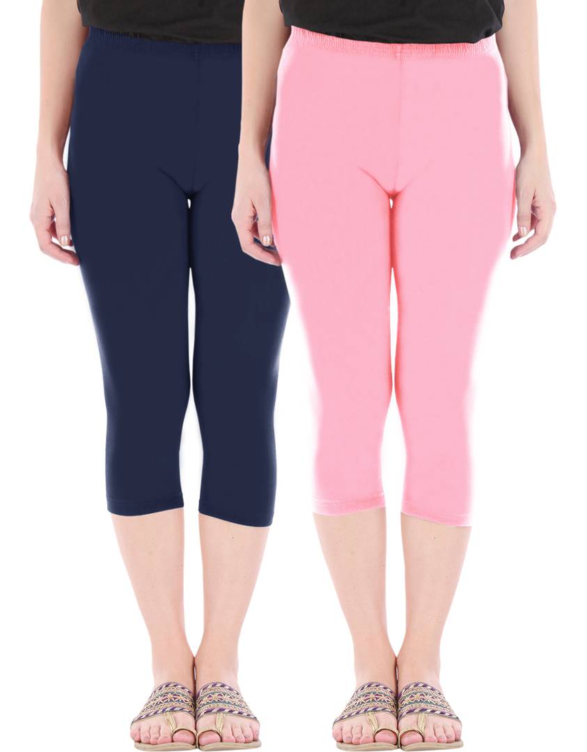 Stunning Cotton Blend Solid Skinny Fit 3/4 Capris Leggings For Women-Pack of 2