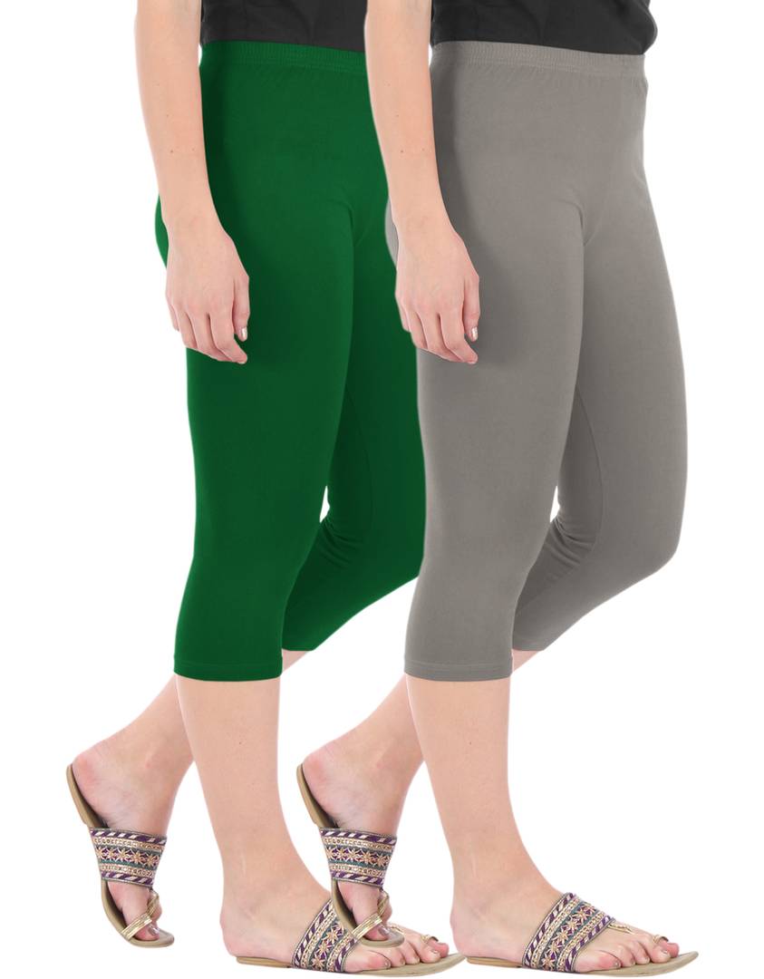 Stunning Cotton Blend Solid Skinny Fit 3/4 Capris Leggings For Women-Pack of 2
