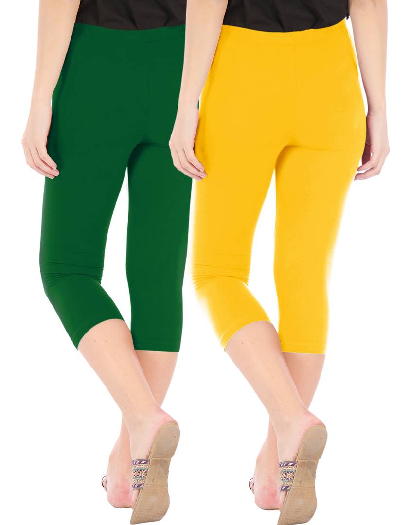 Stunning Cotton Blend Solid Skinny Fit 3/4 Capris Leggings For Women-Pack of 2