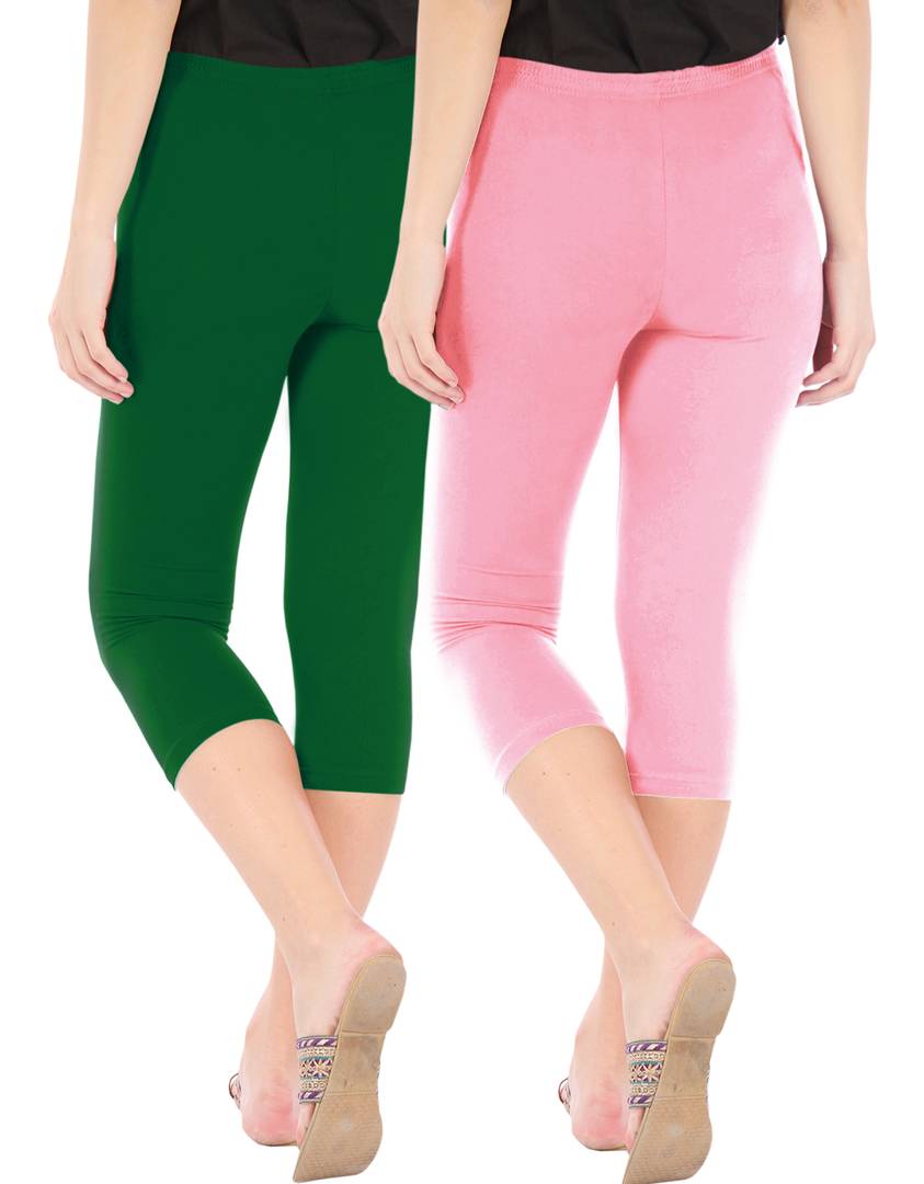 Stunning Cotton Blend Solid Skinny Fit 3/4 Capris Leggings For Women-Pack of 2
