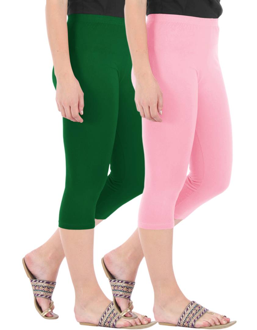 Stunning Cotton Blend Solid Skinny Fit 3/4 Capris Leggings For Women-Pack of 2