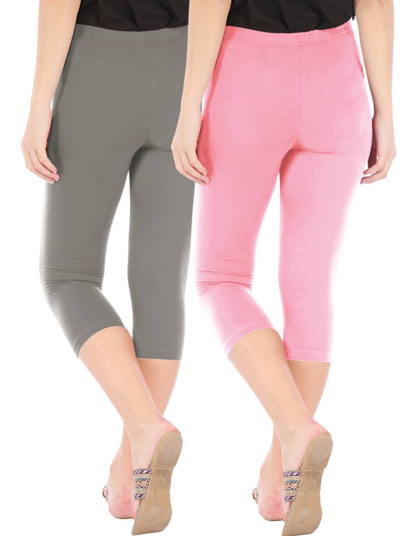 Stunning Cotton Blend Solid Skinny Fit 3/4 Capris Leggings For Women-Pack of 2