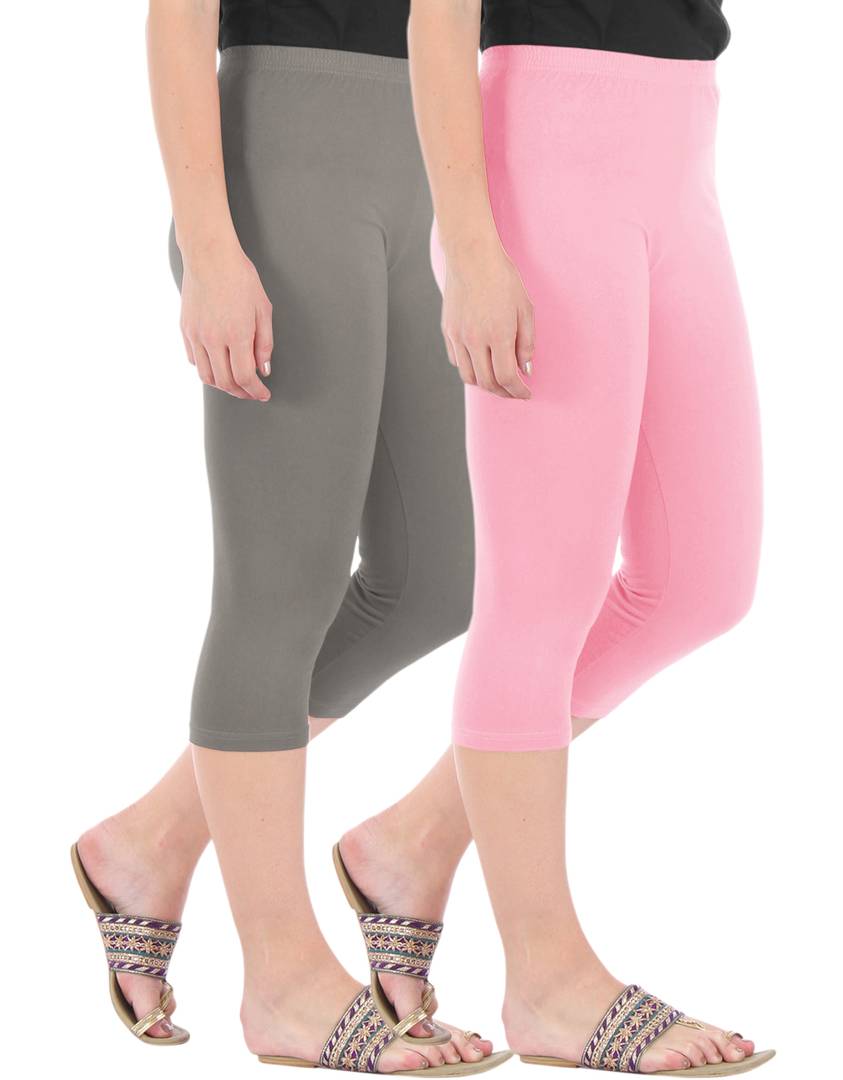 Stunning Cotton Blend Solid Skinny Fit 3/4 Capris Leggings For Women-Pack of 2