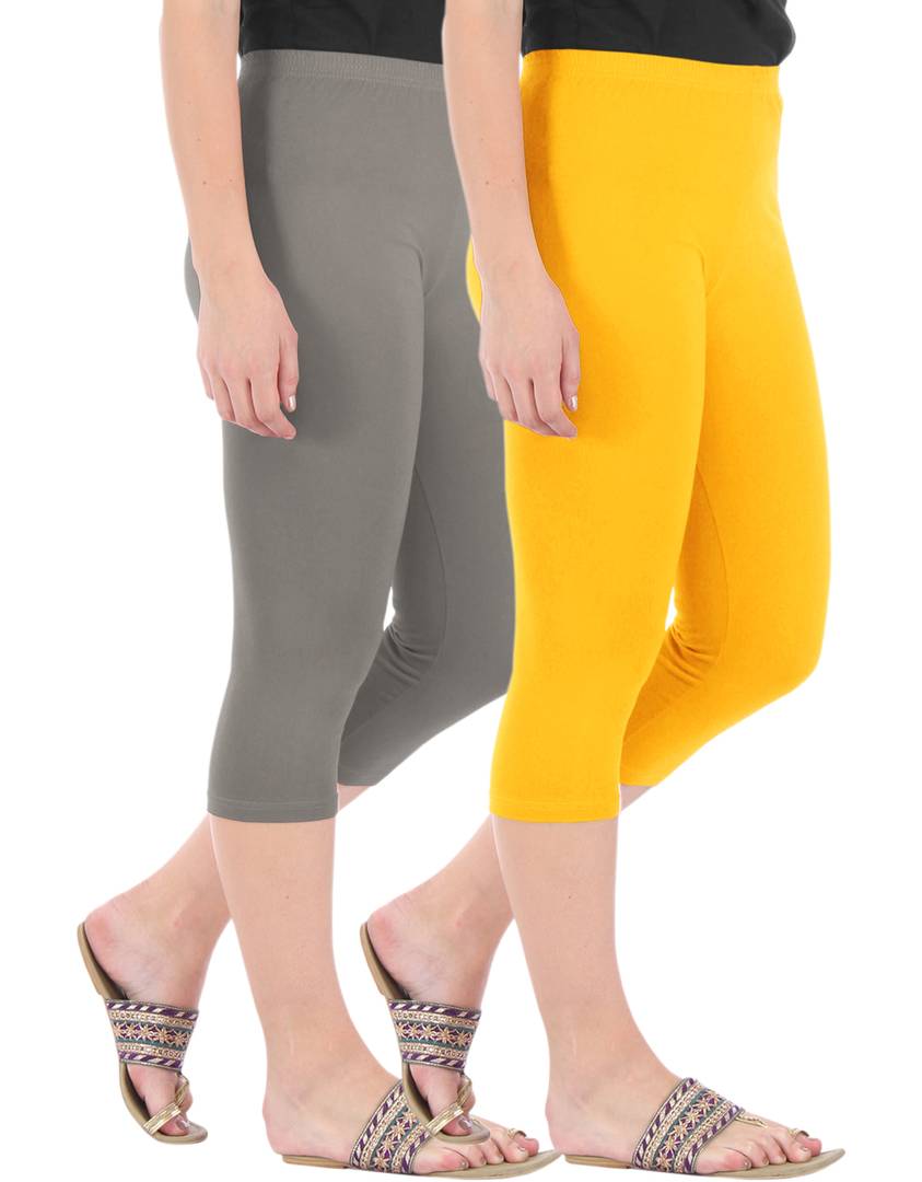 Stunning Cotton Blend Solid Skinny Fit 3/4 Capris Leggings For Women-Pack of 2