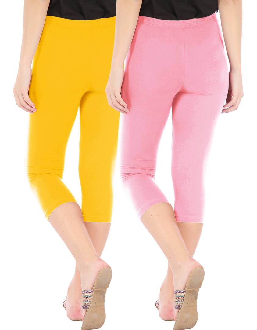 Stunning Cotton Blend Solid Skinny Fit 3/4 Capris Leggings For Women-Pack of 2