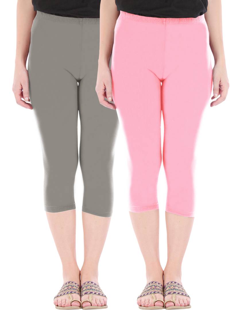 Stunning Cotton Blend Solid Skinny Fit 3/4 Capris Leggings For Women-Pack of 2