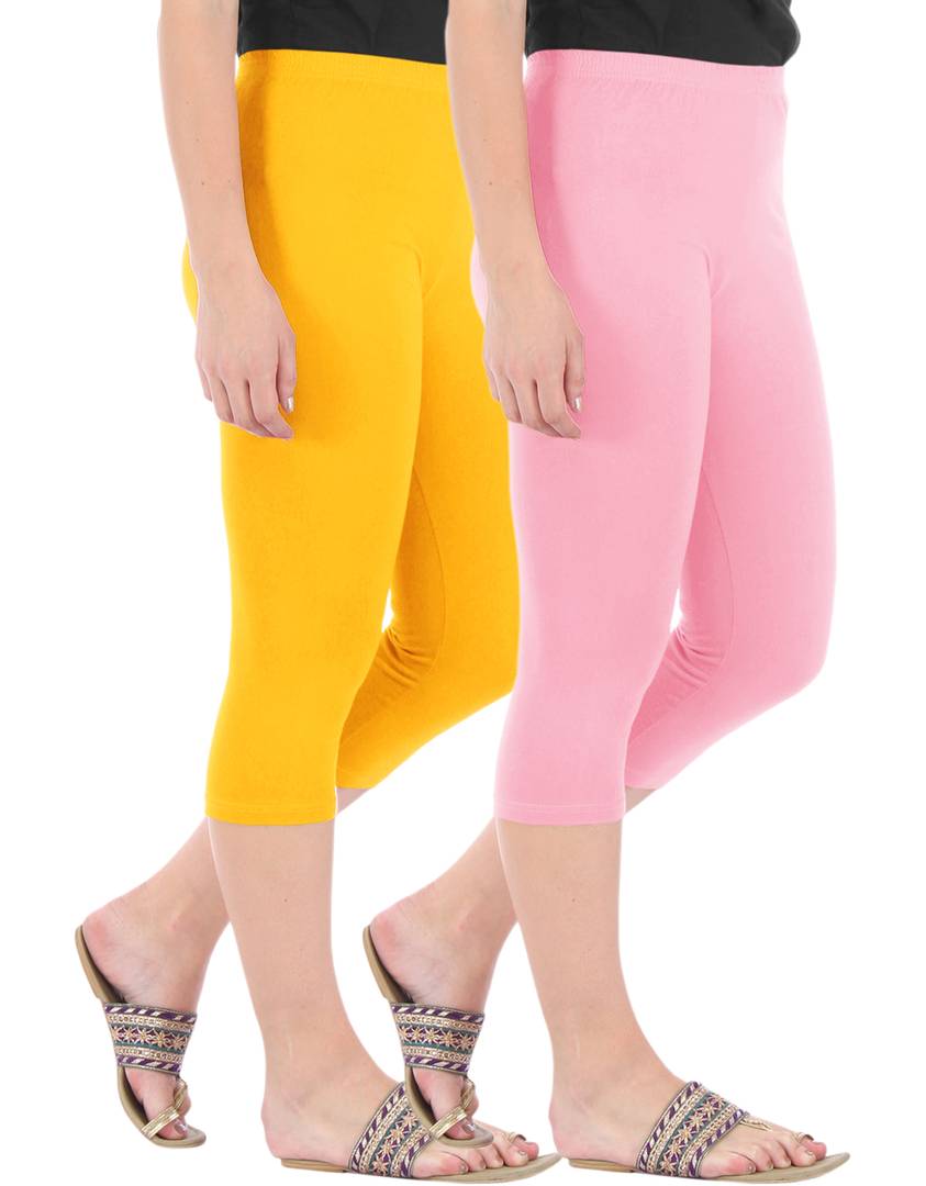 Stunning Cotton Blend Solid Skinny Fit 3/4 Capris Leggings For Women-Pack of 2