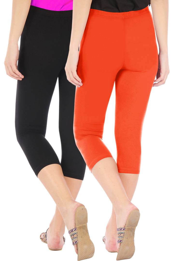 Stunning Cotton Blend Solid Skinny Fit 3/4 Capris Leggings For Women-Pack of 2