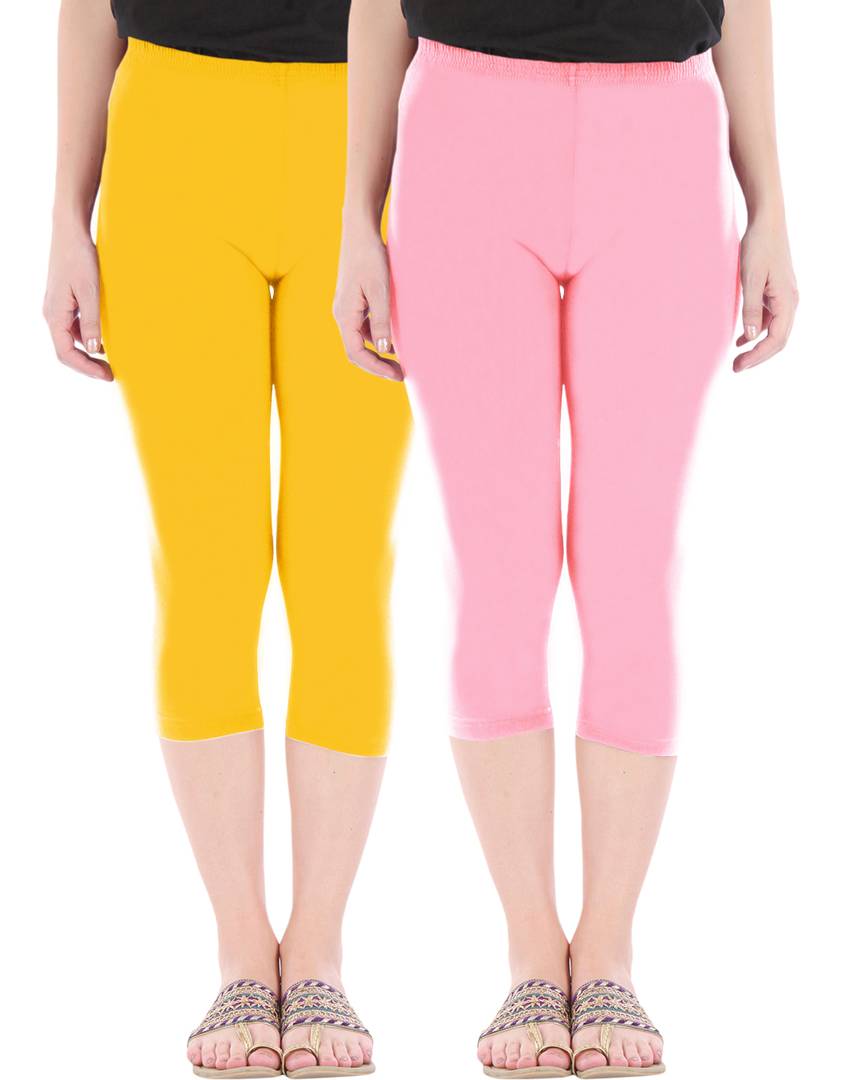 Stunning Cotton Blend Solid Skinny Fit 3/4 Capris Leggings For Women-Pack of 2