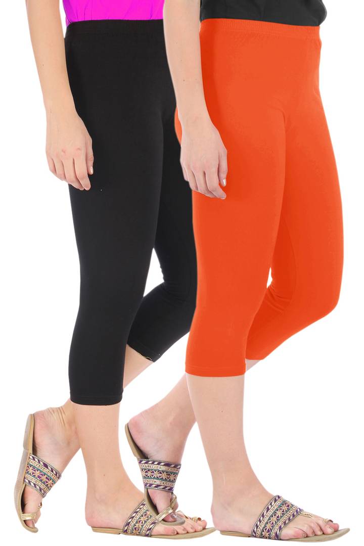 Stunning Cotton Blend Solid Skinny Fit 3/4 Capris Leggings For Women-Pack of 2