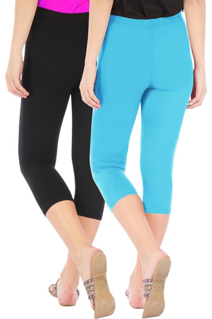Stunning Cotton Blend Solid Skinny Fit 3/4 Capris Leggings For Women-Pack of 2