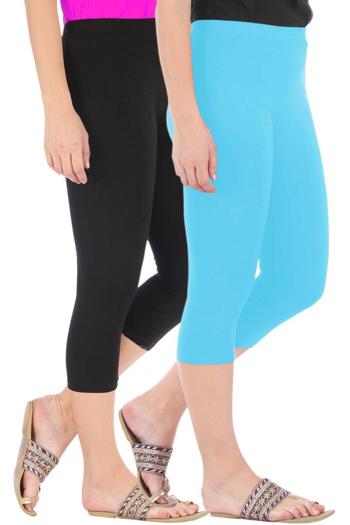 Stunning Cotton Blend Solid Skinny Fit 3/4 Capris Leggings For Women-Pack of 2