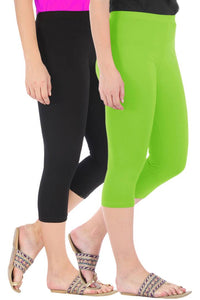 Stunning Cotton Blend Solid Skinny Fit 3/4 Capris Leggings For Women-Pack of 2