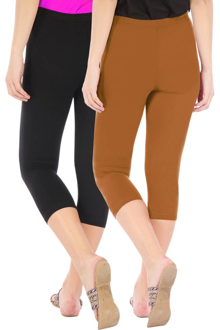 Stunning Cotton Blend Solid Skinny Fit 3/4 Capris Leggings For Women-Pack of 2