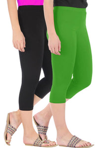 Stunning Cotton Blend Solid Skinny Fit 3/4 Capris Leggings For Women-Pack of 2