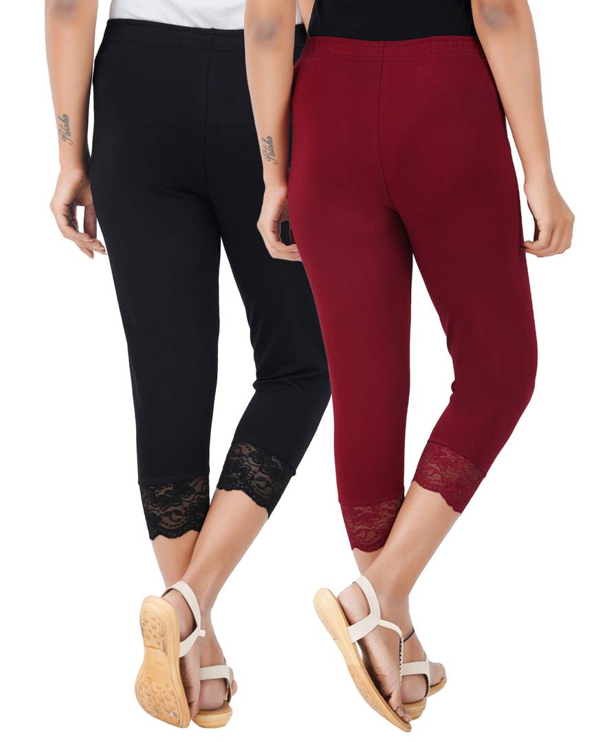 Reliable Cotton Blend Solid Skinny Fit 3/4 Capris Leggings For Women-Pack of 2