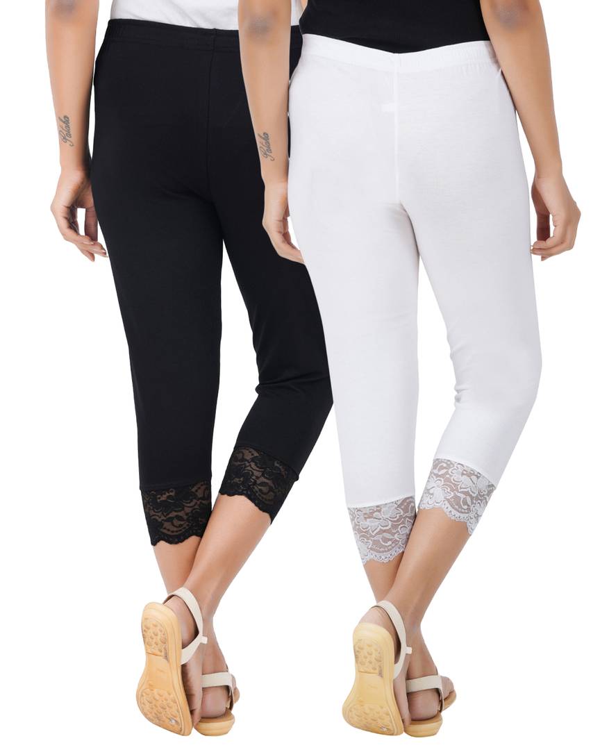 Reliable Cotton Blend Solid Skinny Fit 3/4 Capris Leggings For Women-Pack of 2