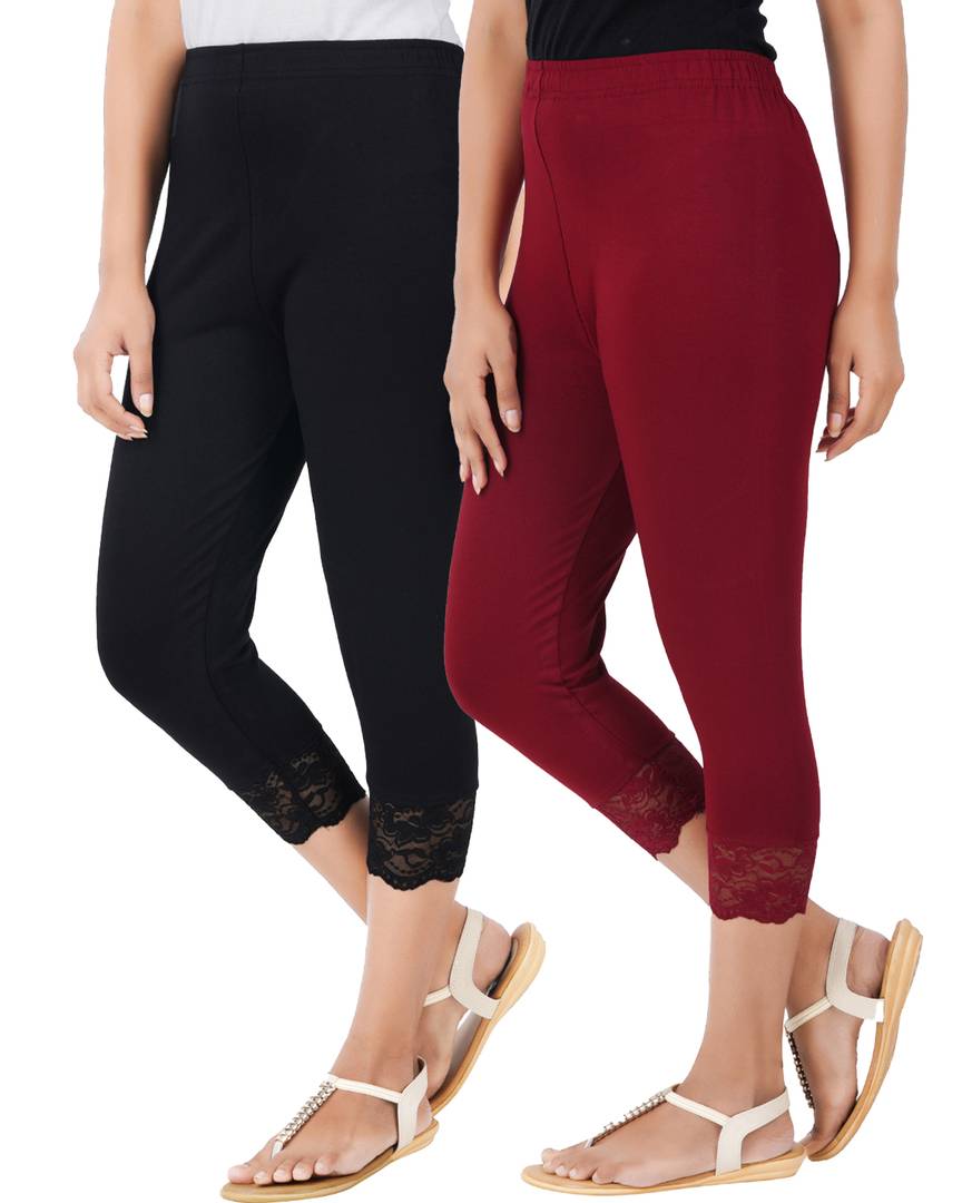 Reliable Cotton Blend Solid Skinny Fit 3/4 Capris Leggings For Women-Pack of 2