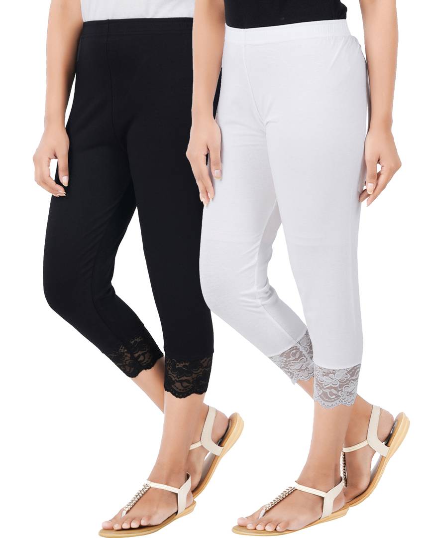 Reliable Cotton Blend Solid Skinny Fit 3/4 Capris Leggings For Women-Pack of 2