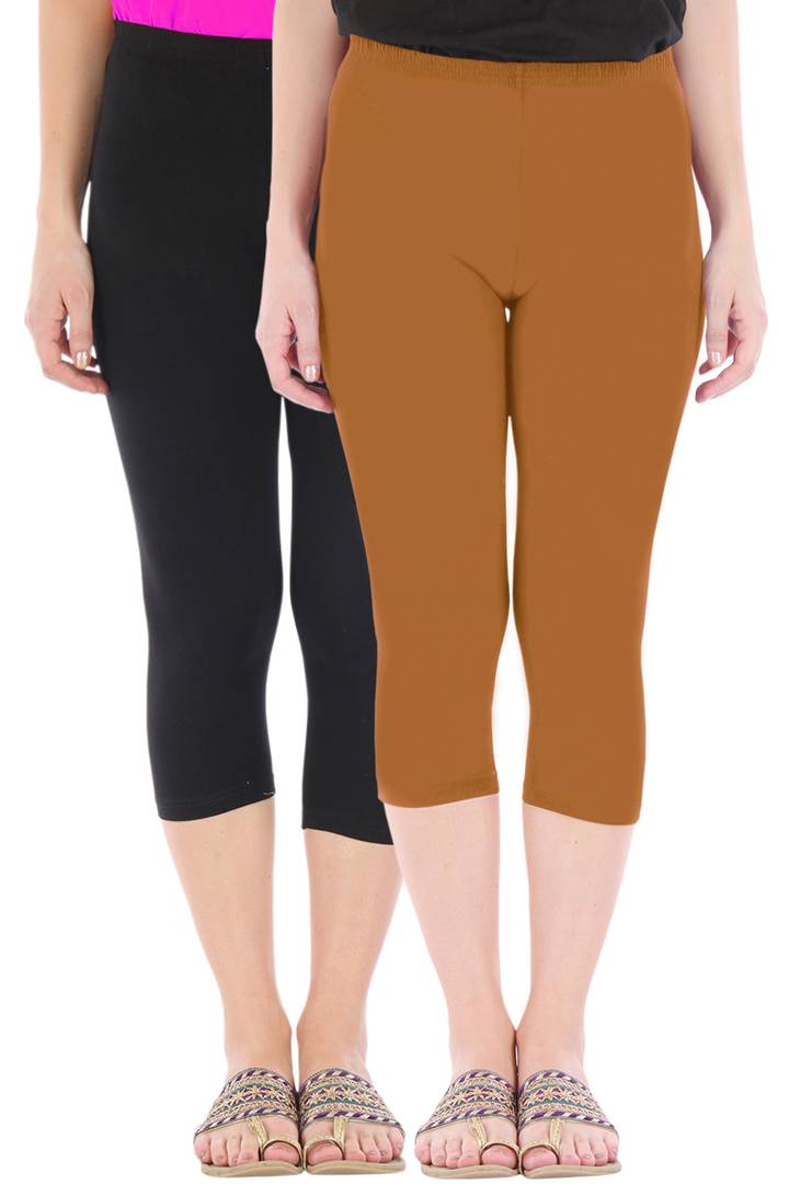 Stunning Cotton Blend Solid Skinny Fit 3/4 Capris Leggings For Women-Pack of 2