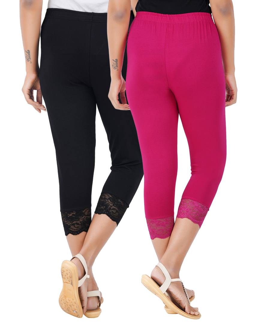 Reliable Cotton Blend Solid Skinny Fit 3/4 Capris Leggings For Women-Pack of 2