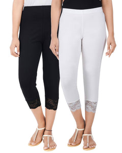 Reliable Cotton Blend Solid Skinny Fit 3/4 Capris Leggings For Women-Pack of 2