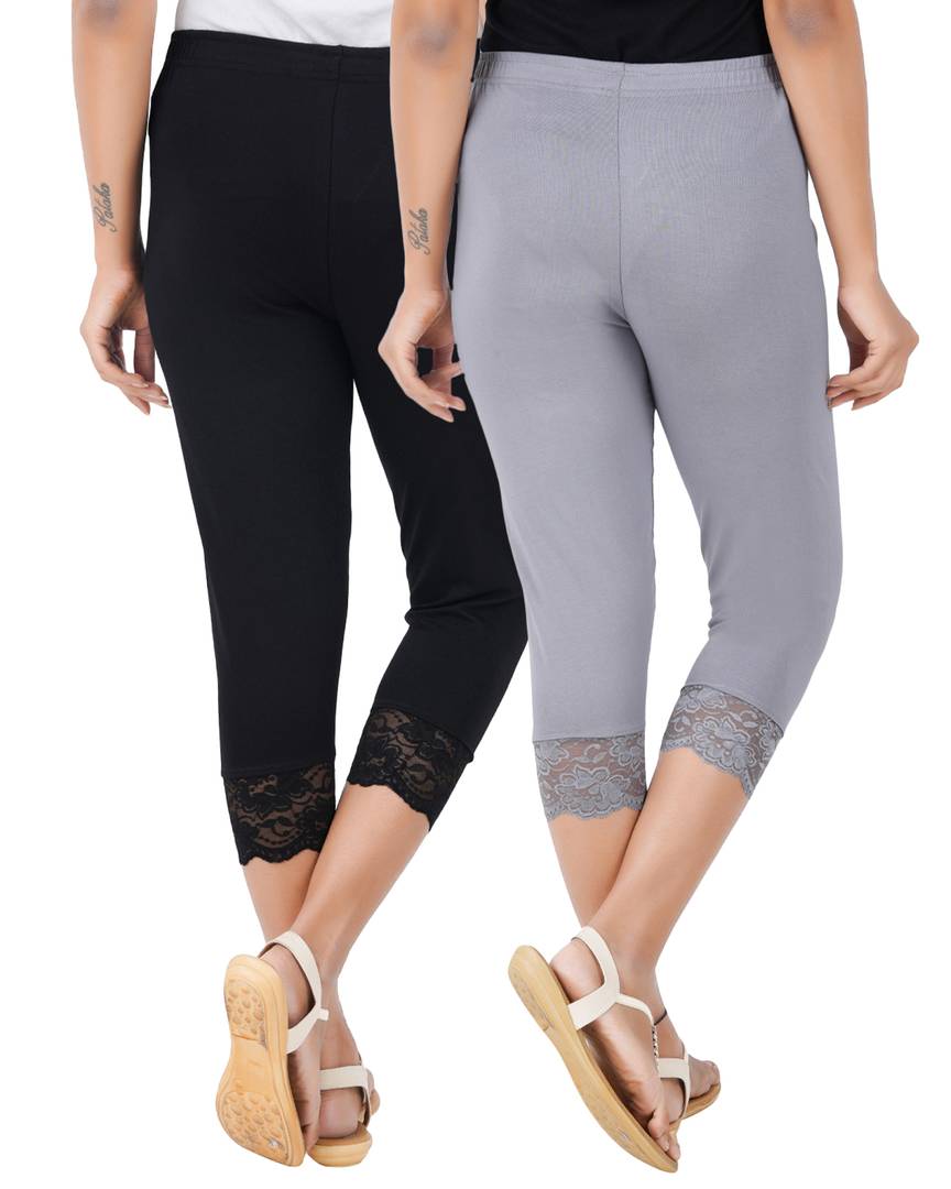 Reliable Cotton Blend Solid Skinny Fit 3/4 Capris Leggings For Women-Pack of 2