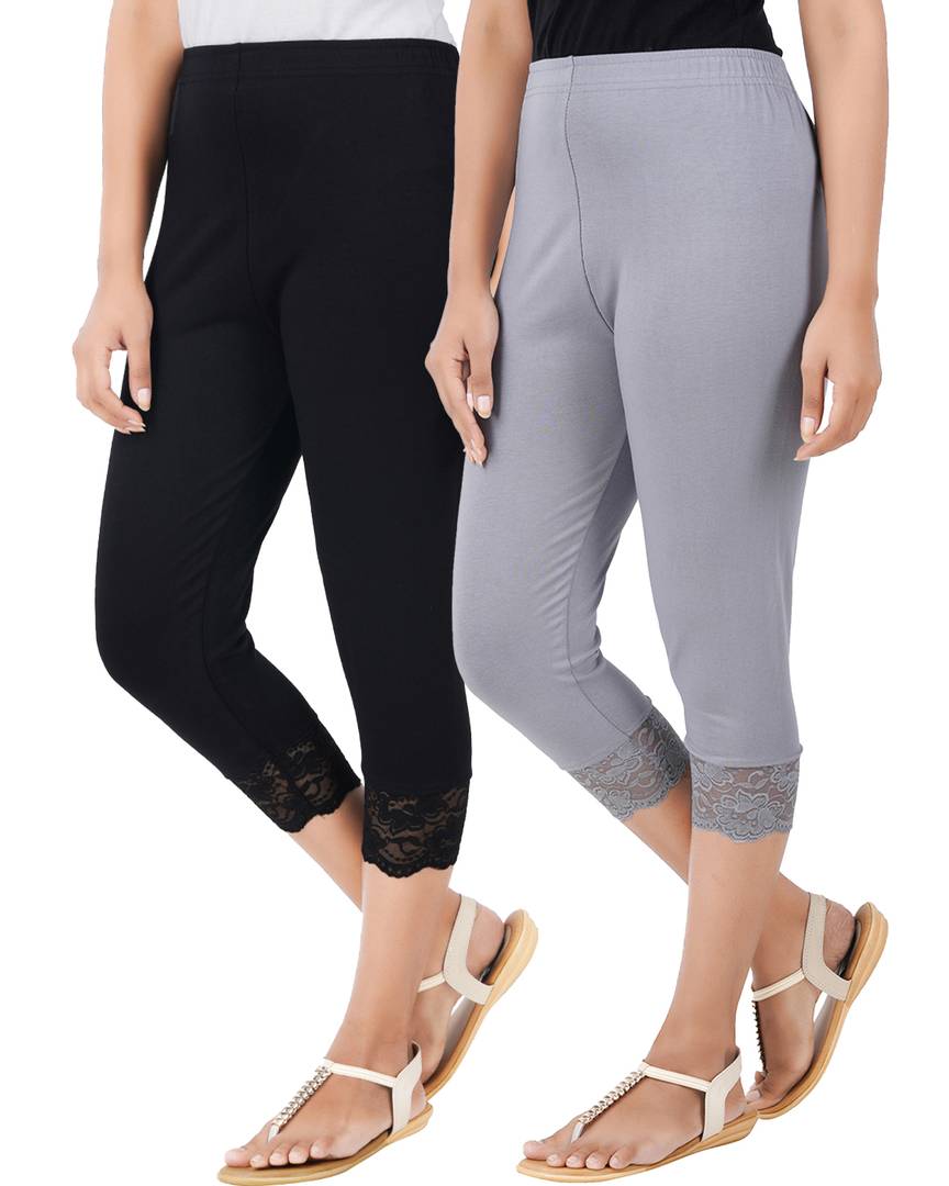Reliable Cotton Blend Solid Skinny Fit 3/4 Capris Leggings For Women-Pack of 2