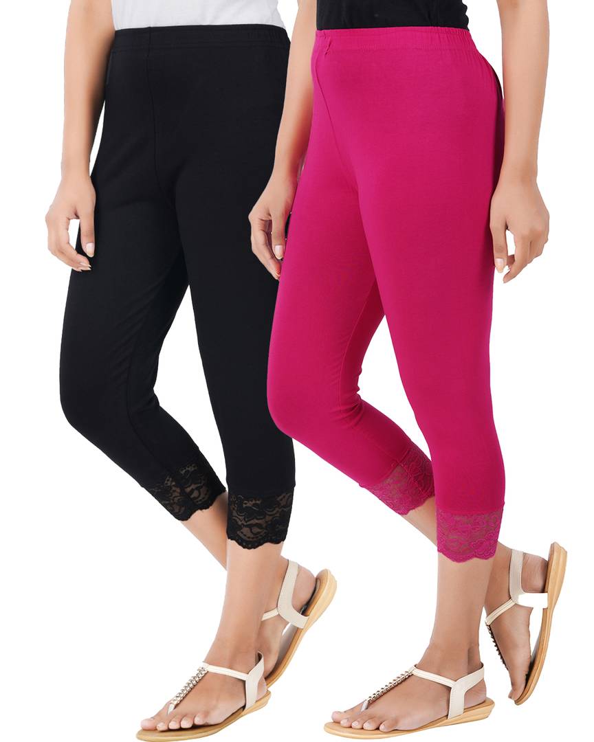 Reliable Cotton Blend Solid Skinny Fit 3/4 Capris Leggings For Women-Pack of 2