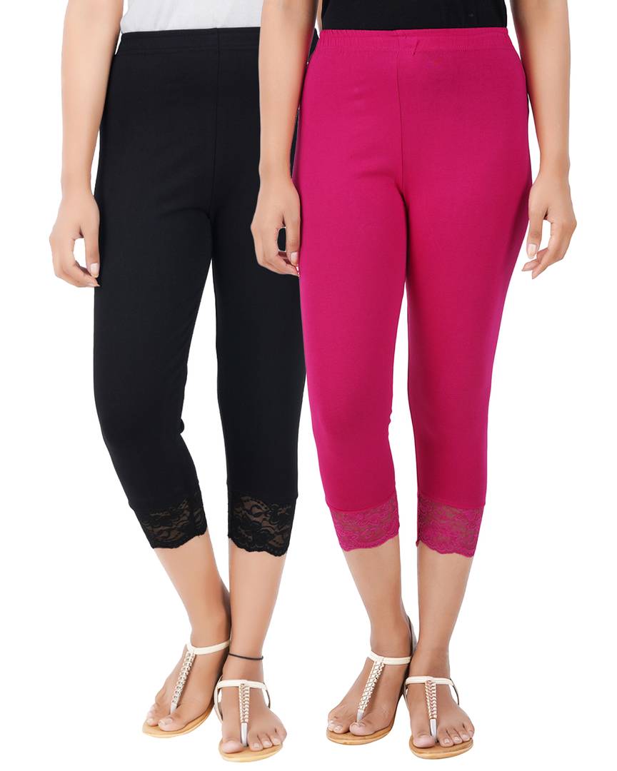 Reliable Cotton Blend Solid Skinny Fit 3/4 Capris Leggings For Women-Pack of 2
