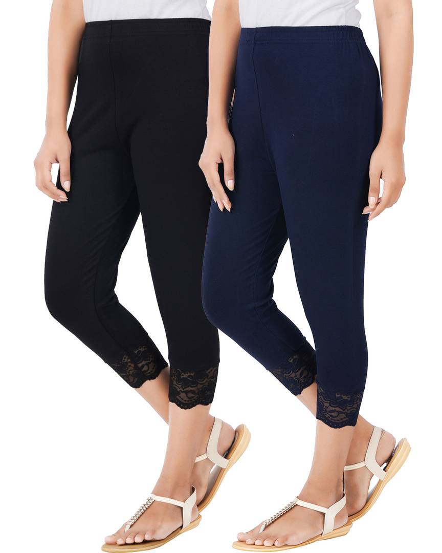 Reliable Cotton Blend Solid Skinny Fit 3/4 Capris Leggings For Women-Pack of 2