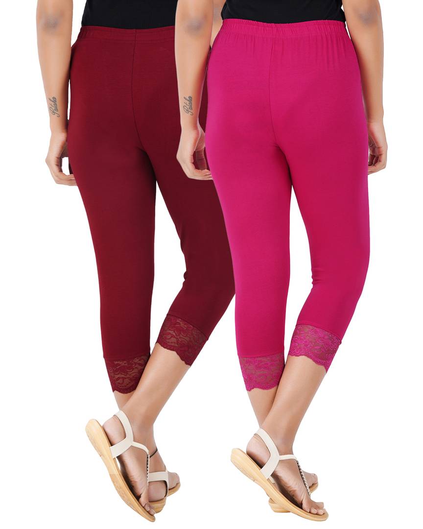 Reliable Cotton Blend Solid Skinny Fit 3/4 Capris Leggings For Women-Pack of 2