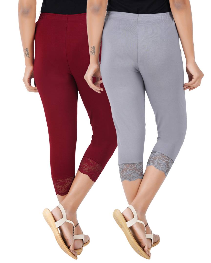 Reliable Cotton Blend Solid Skinny Fit 3/4 Capris Leggings For Women-Pack of 2