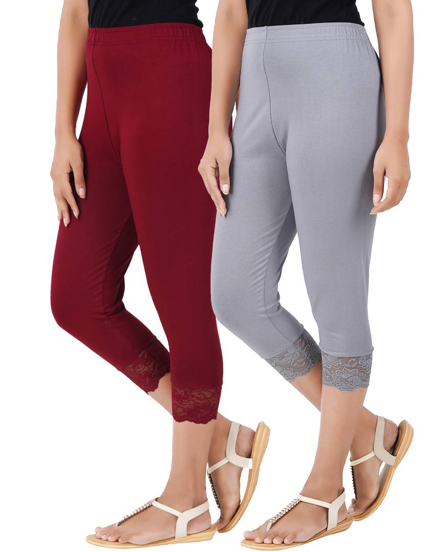Reliable Cotton Blend Solid Skinny Fit 3/4 Capris Leggings For Women-Pack of 2
