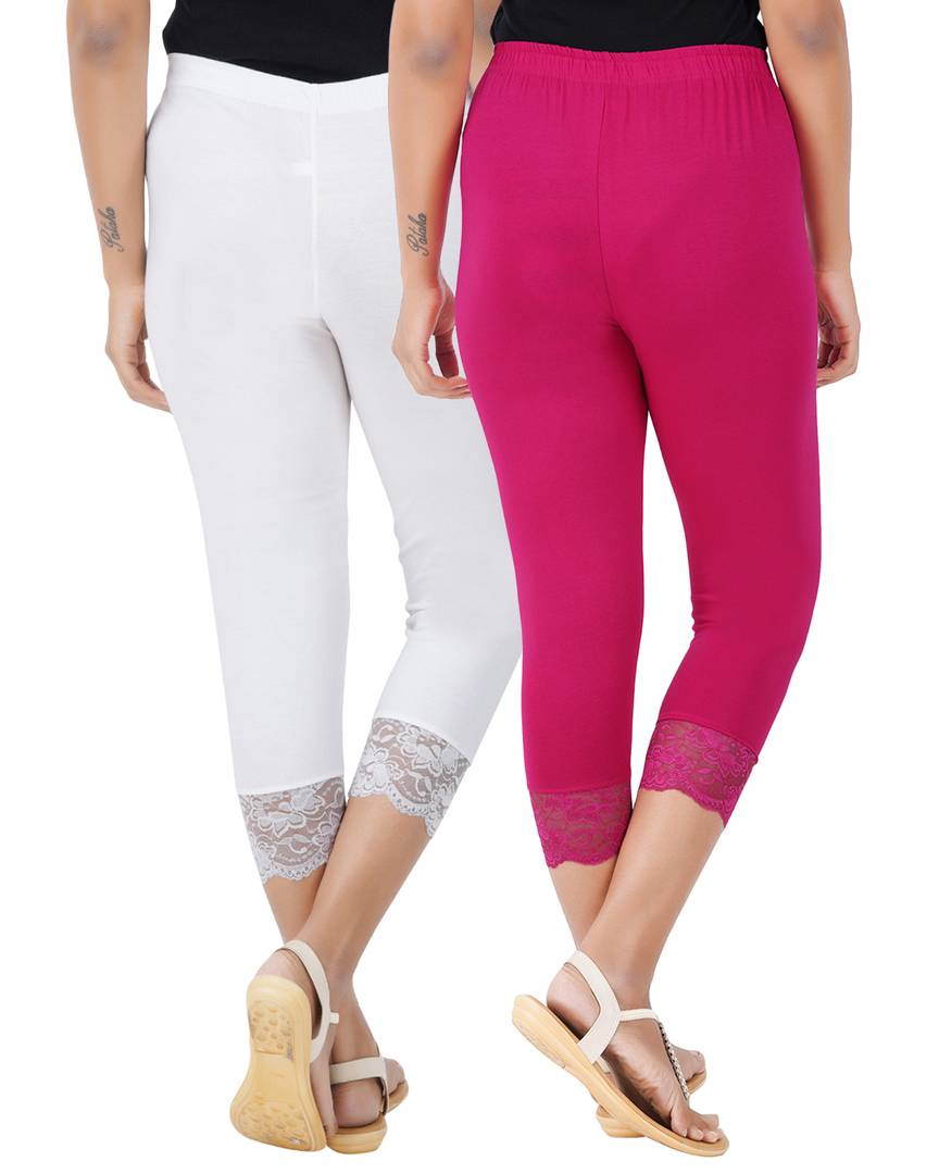 Reliable Cotton Blend Solid Skinny Fit 3/4 Capris Leggings For Women-Pack of 2